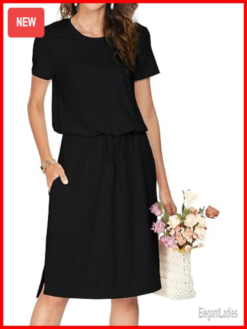 Women's Midi Dress with Pockets, Short Sleeve, Adjustable Waist, Travel Office